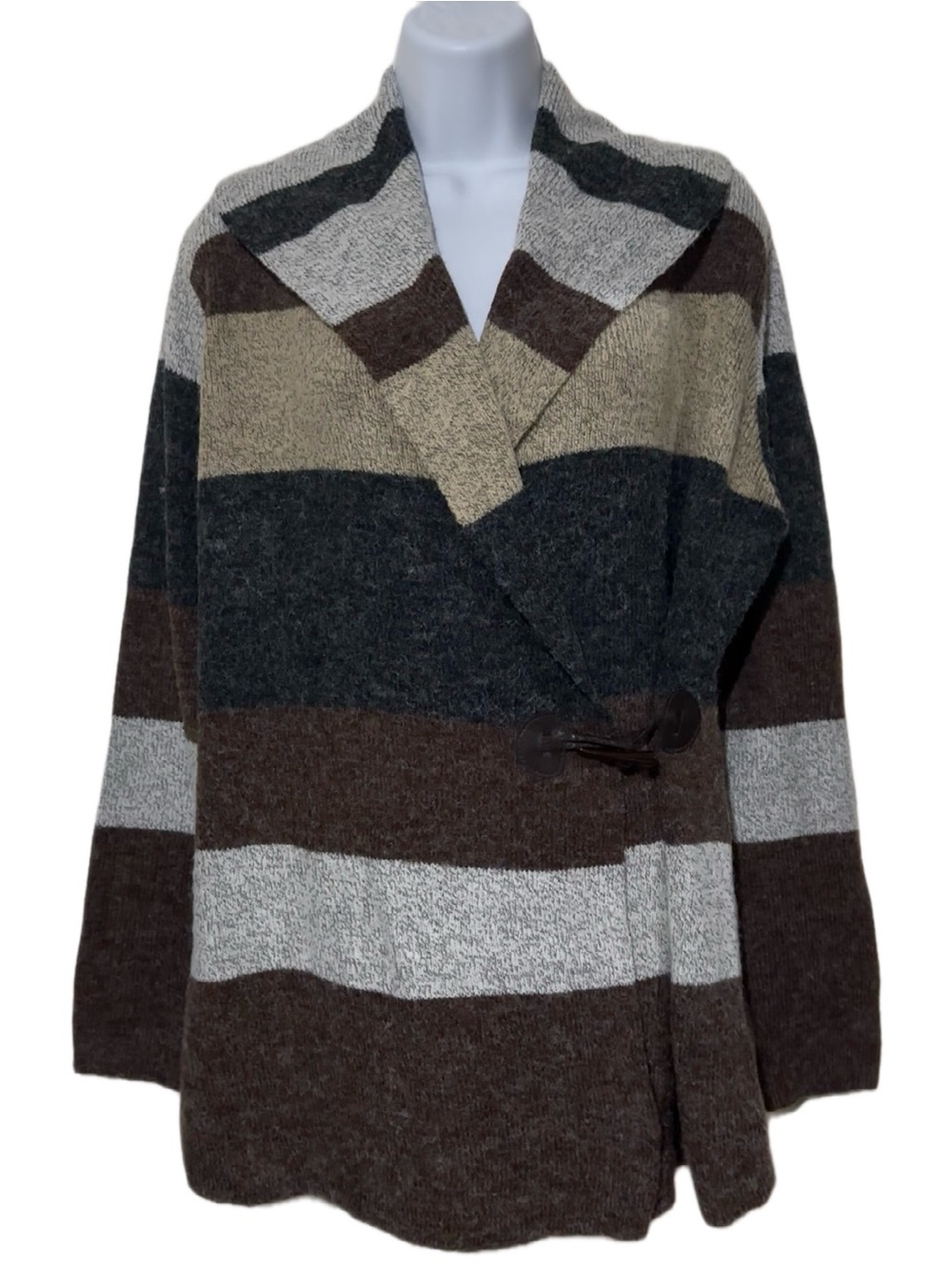 Sioni Women Striped Shawl-Collar Cardigan - Brown Gray Tan Size OS Fits M
